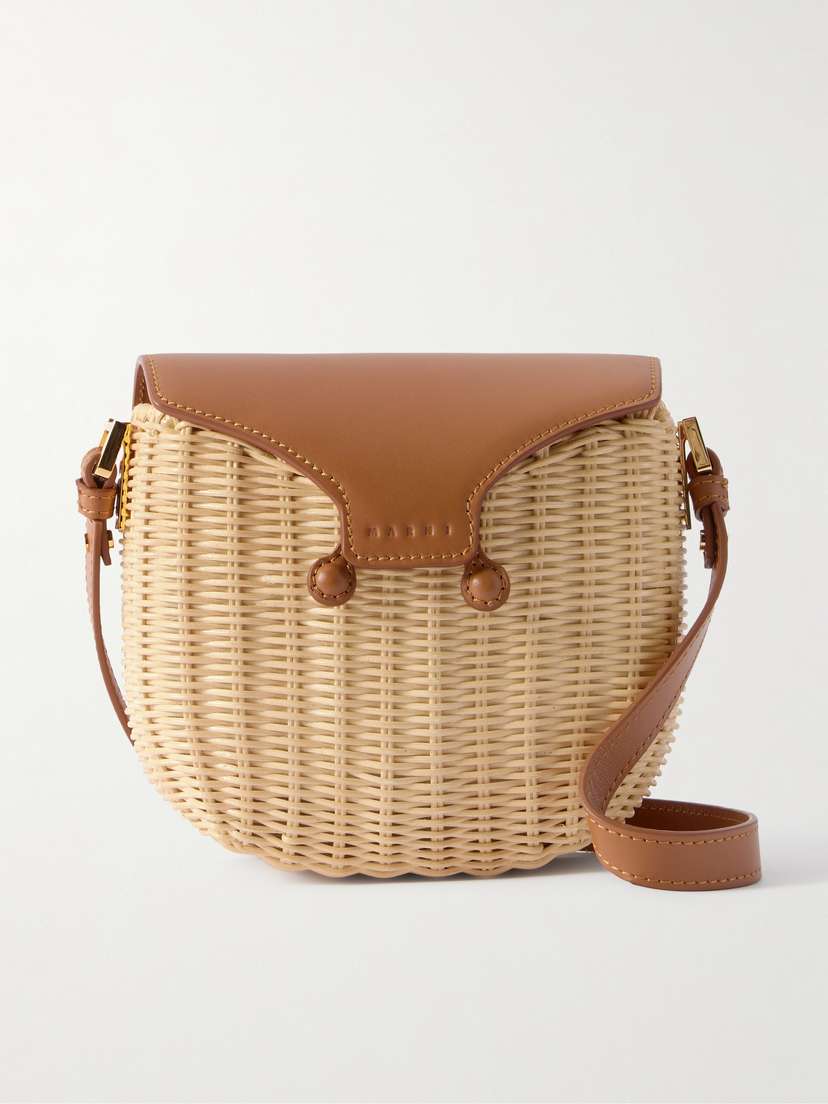 Marni Leather-trimmed Woven Rattan Shoulder Bag