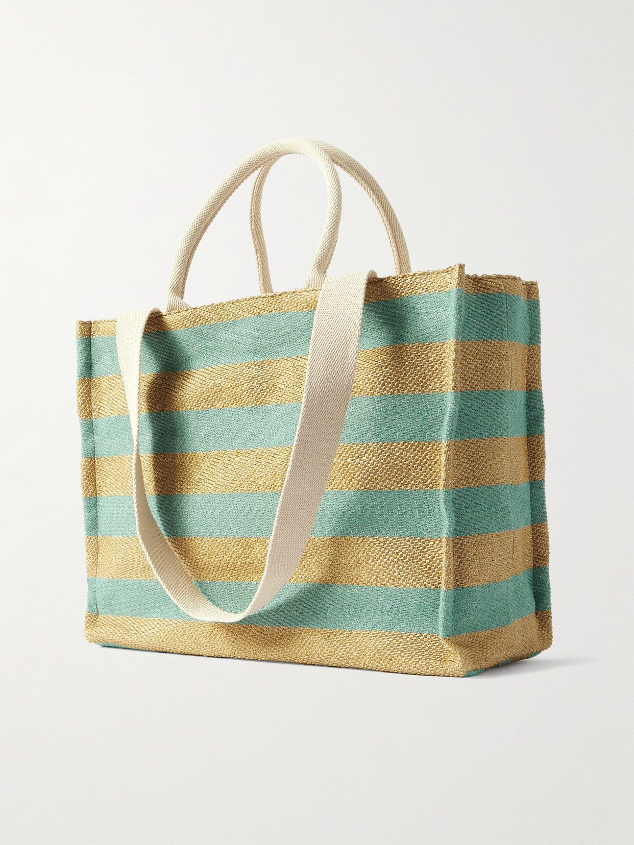 MARNI BASKET LARGE CANVAS-TRIMMED STRIPED EMBROIDERED FAUX RAFFIA TOTE