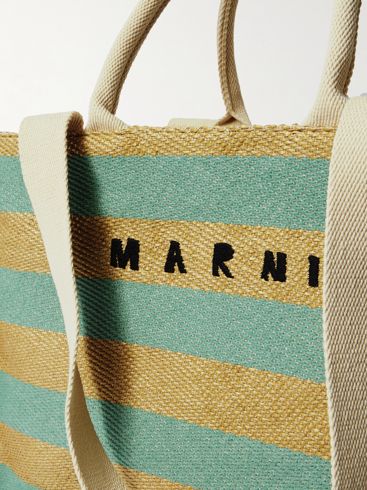 MARNI BASKET LARGE CANVAS-TRIMMED STRIPED EMBROIDERED FAUX RAFFIA TOTE