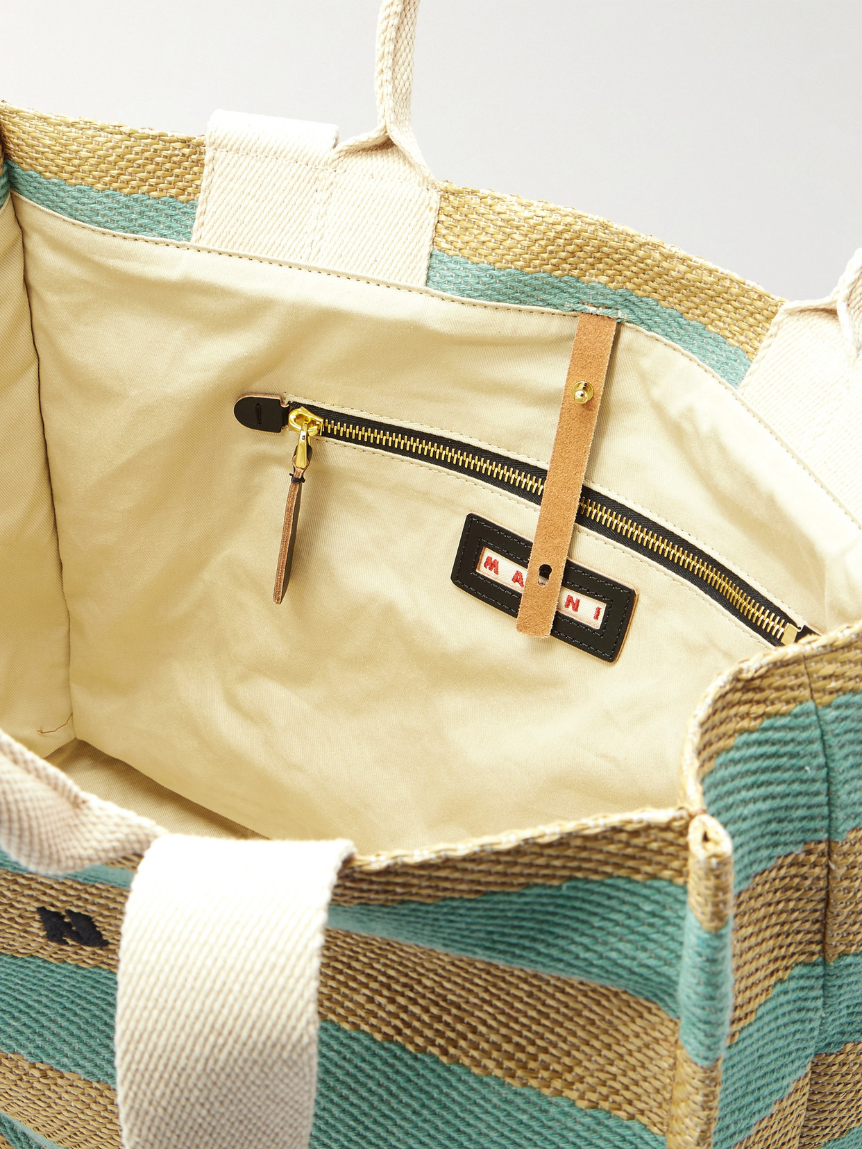 MARNI BASKET LARGE CANVAS-TRIMMED STRIPED EMBROIDERED FAUX RAFFIA TOTE
