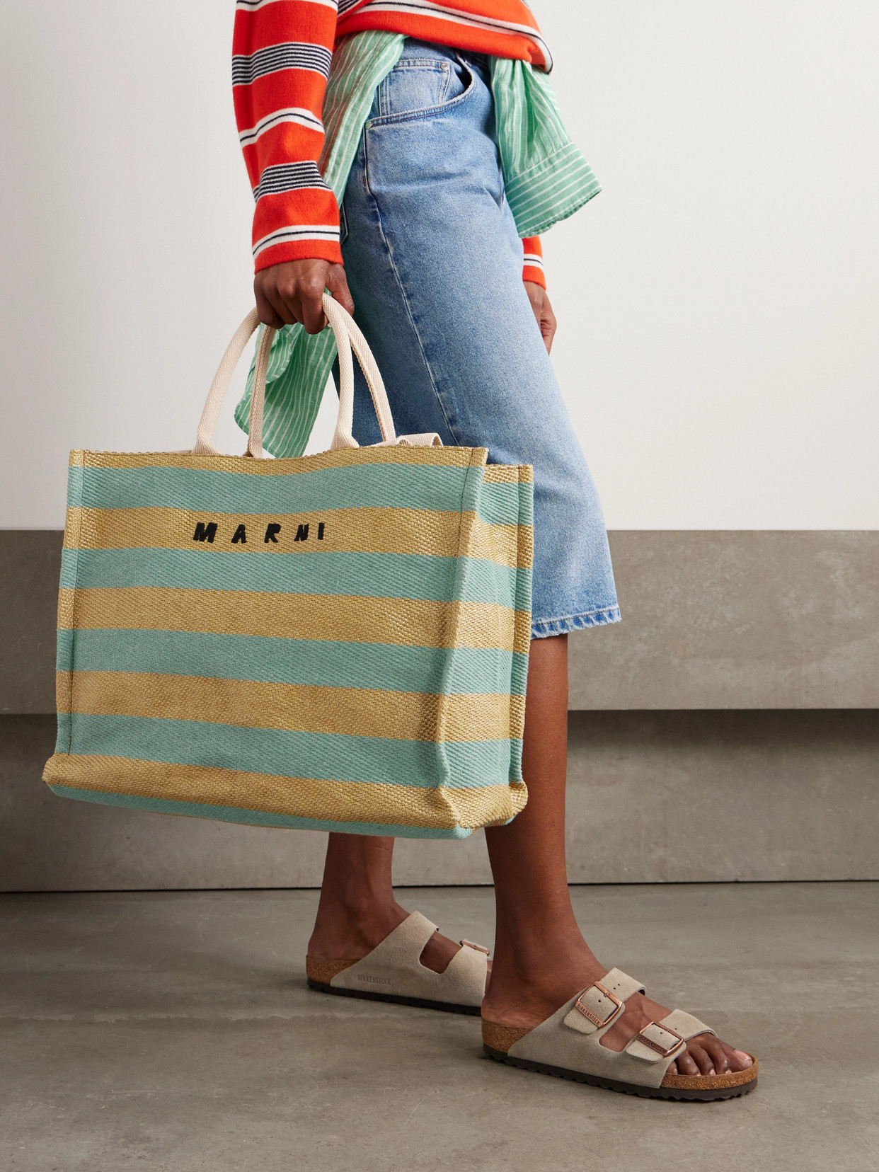 MARNI BASKET LARGE CANVAS-TRIMMED STRIPED EMBROIDERED FAUX RAFFIA TOTE