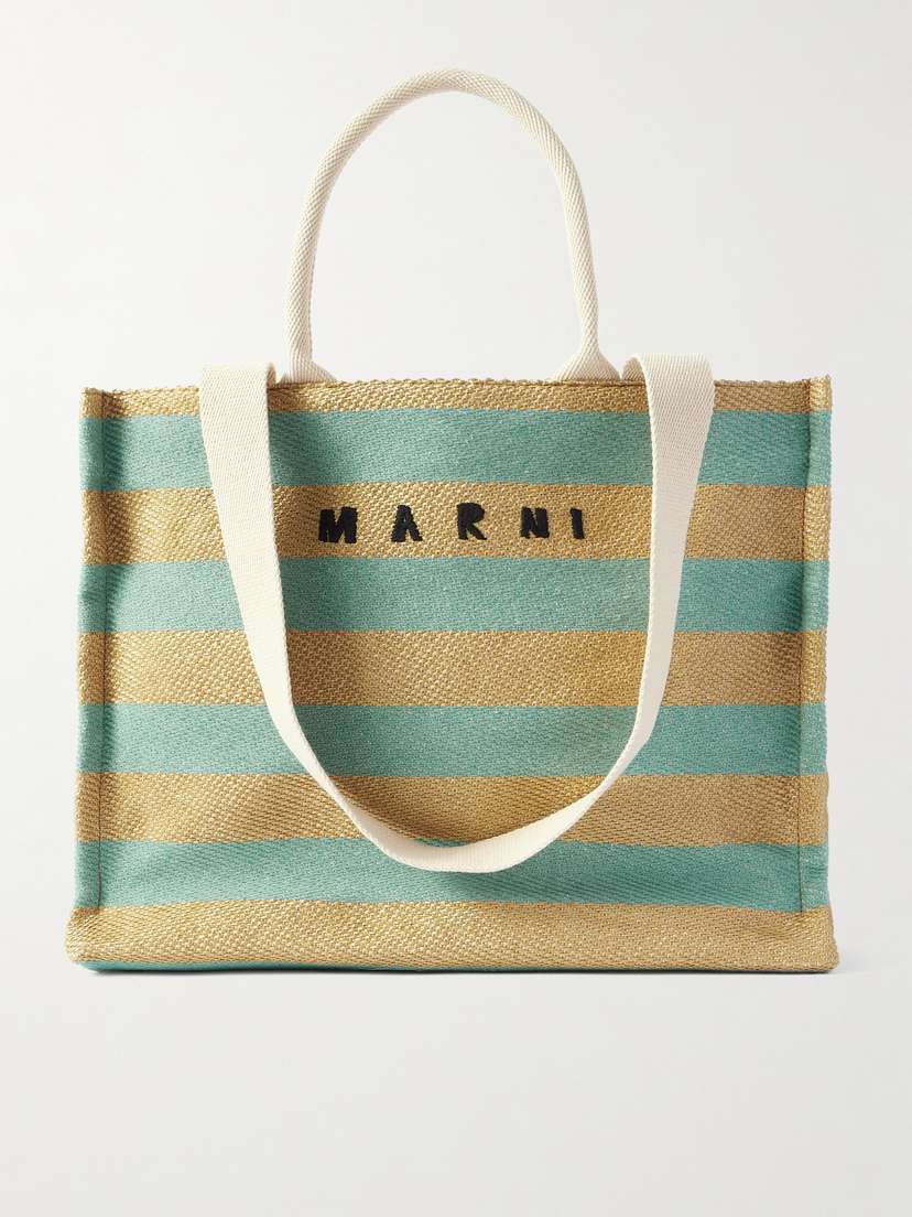 Marni Basket Large Canvas-trimmed Striped Embroidered Faux Raffia Tote