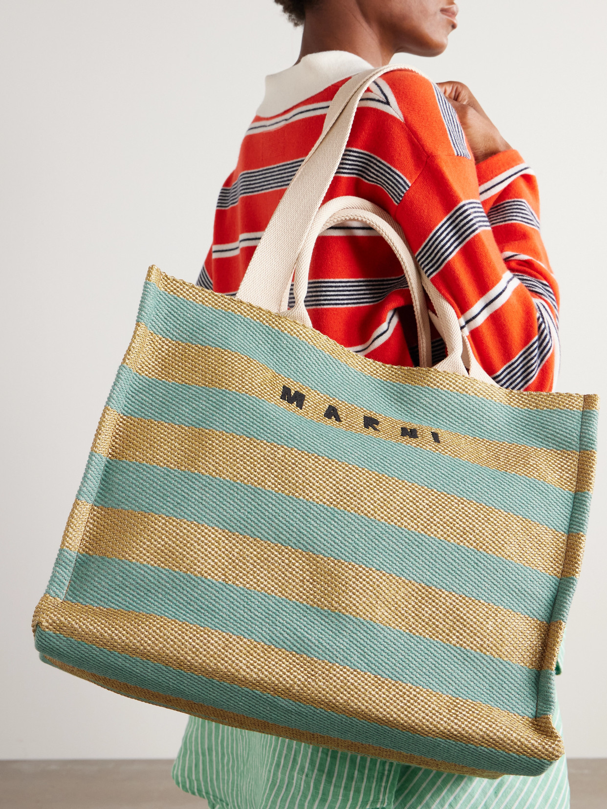 MARNI BASKET LARGE CANVAS-TRIMMED STRIPED EMBROIDERED FAUX RAFFIA TOTE
