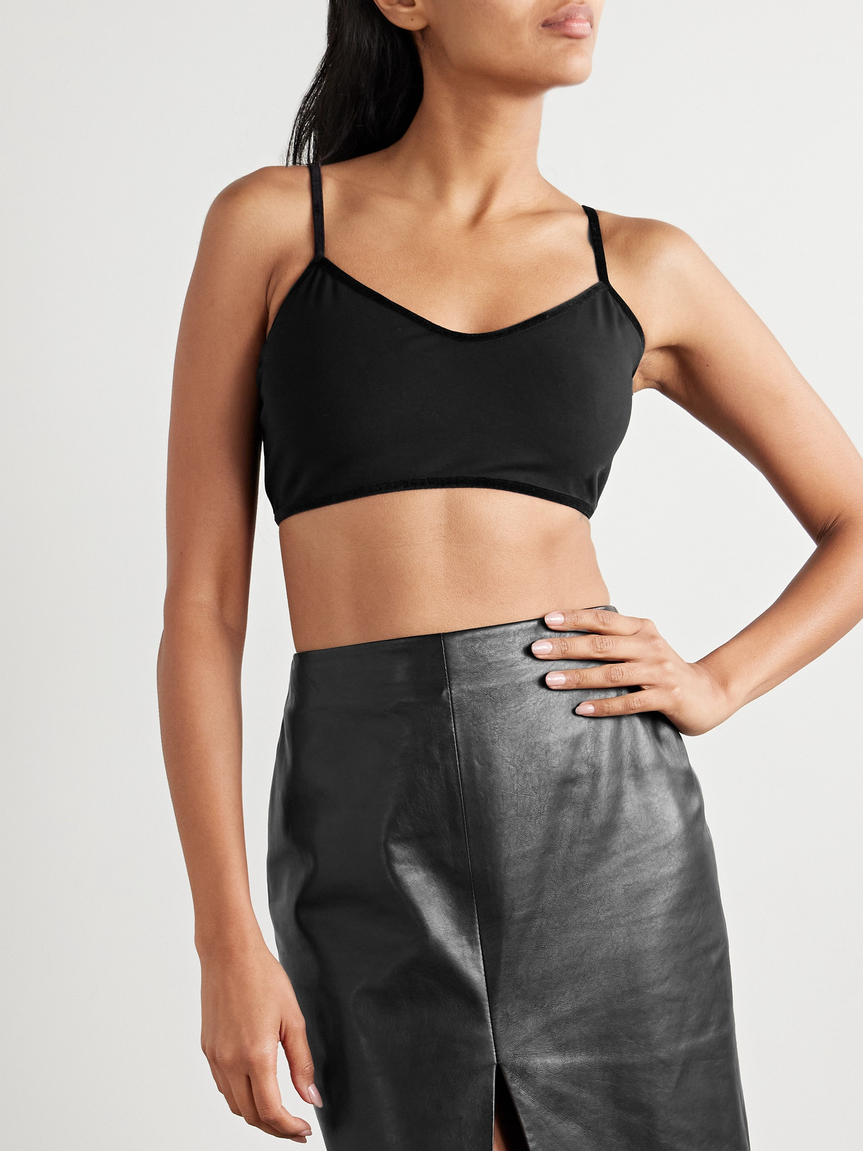 The Park Chloe Velvet-trimmed Stretch-tencel™ Lyocell Jersey Bralette In Black