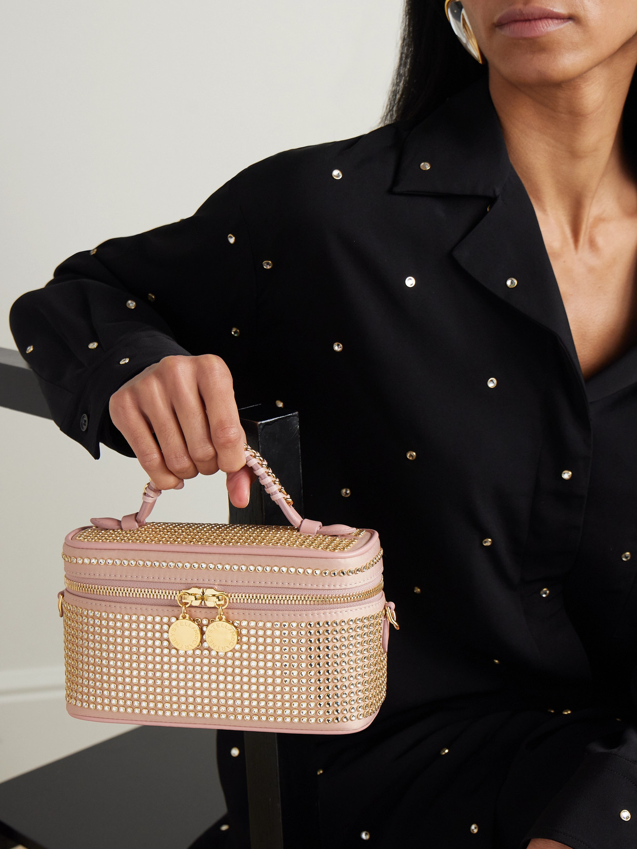 Shop Stella Mccartney Falabella Crystal-embellished Satin Shoulder Bag In Pink