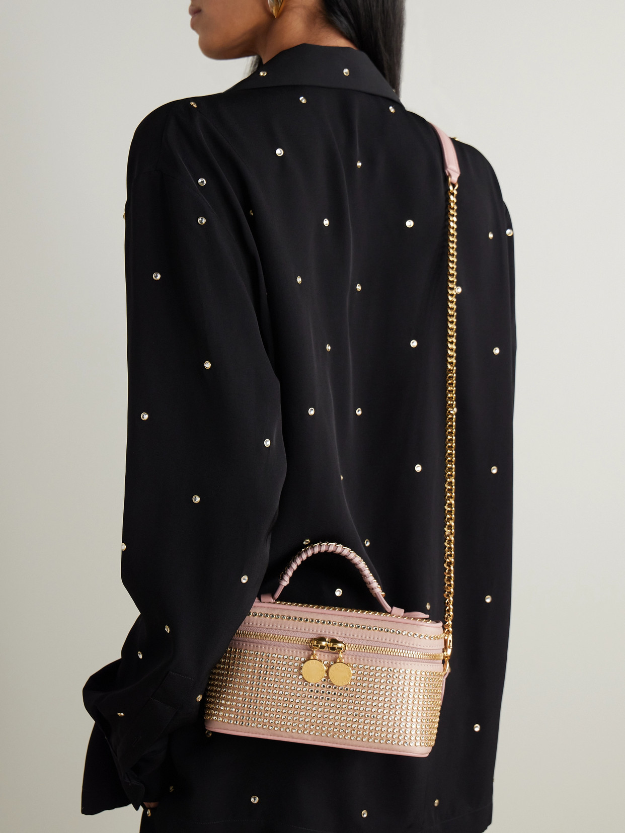 Shop Stella Mccartney Falabella Crystal-embellished Satin Shoulder Bag In Pink