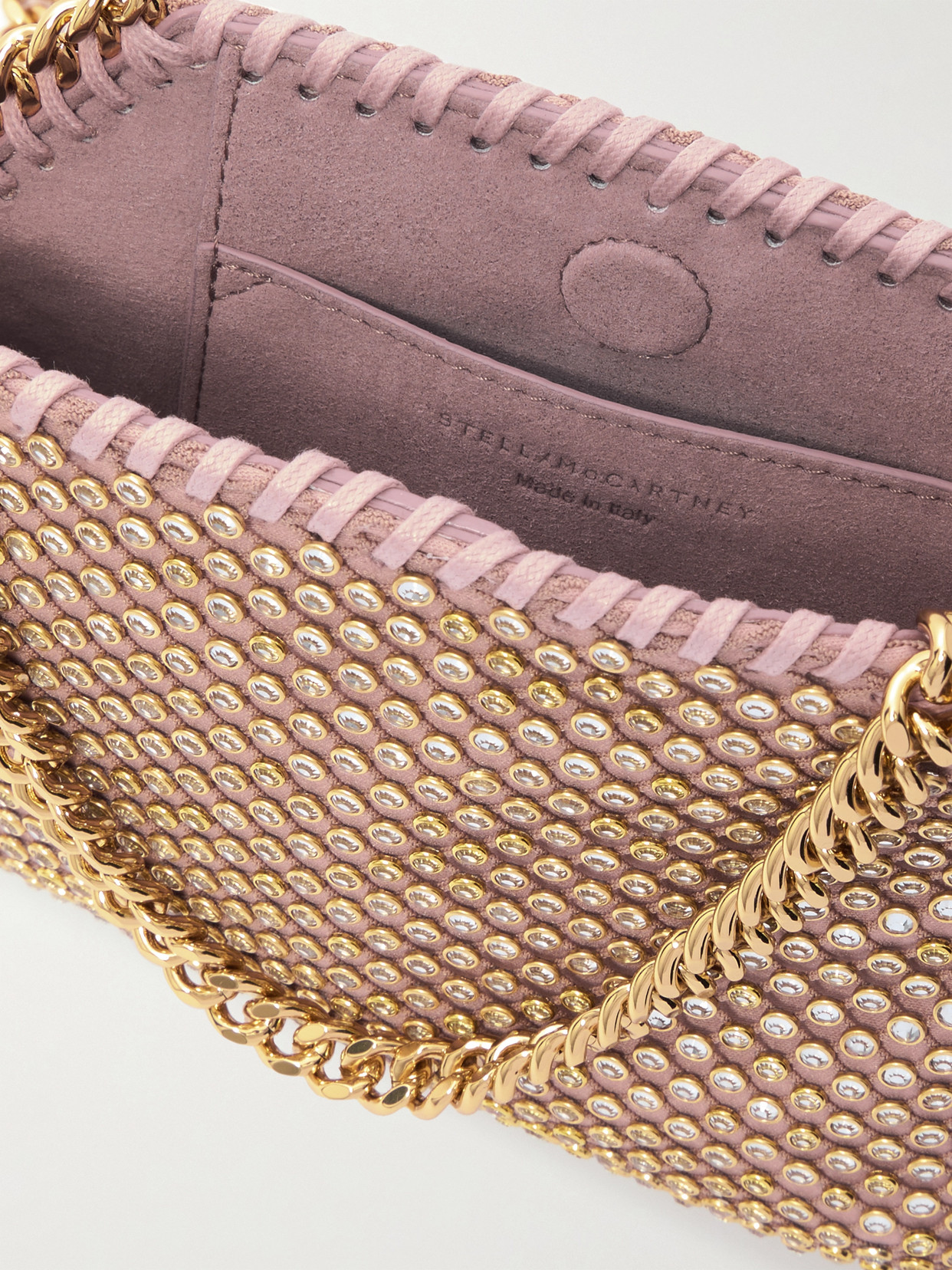 Stella Mccartney Falabella Tiny Crystal-embellished Satin Shoulder Bag In Pink