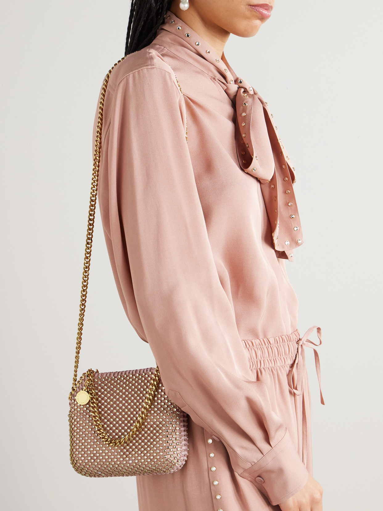 Stella Mccartney Falabella Tiny Crystal-embellished Satin Shoulder Bag In Pink