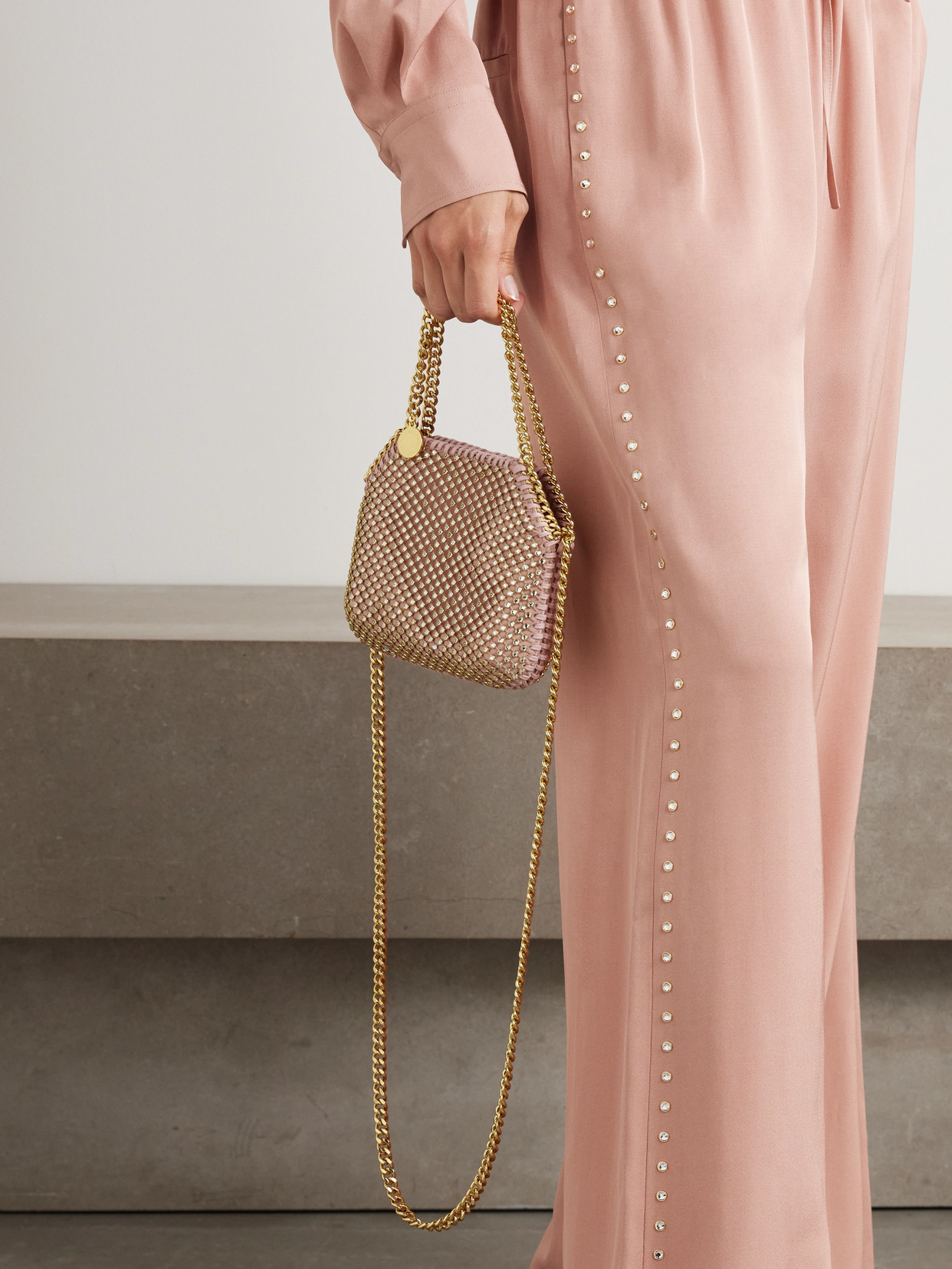 Stella Mccartney Falabella Tiny Crystal-embellished Satin Shoulder Bag In Pink