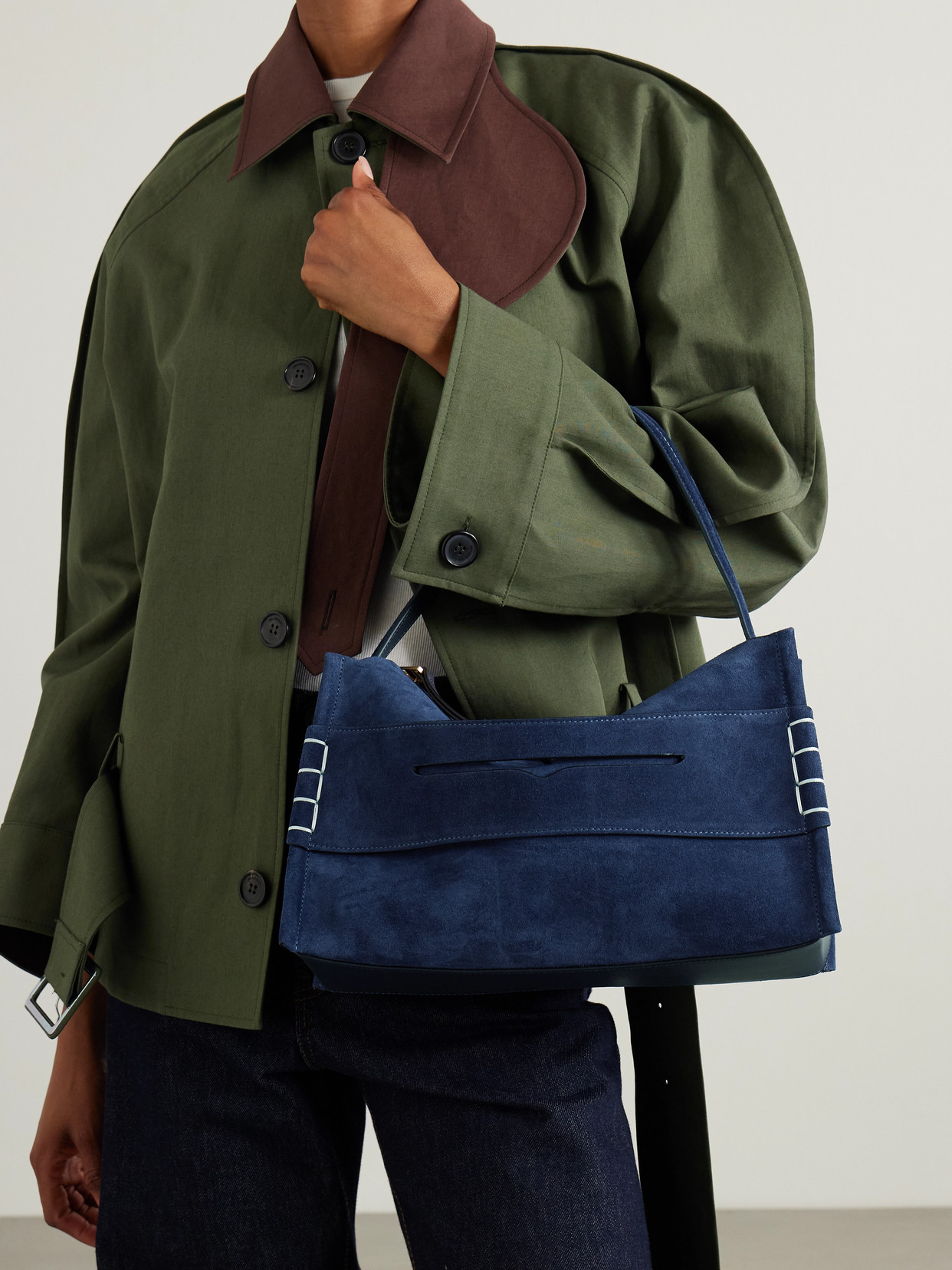Jw Anderson Loafer Medium Paneled Suede Shoulder Bag In Blue