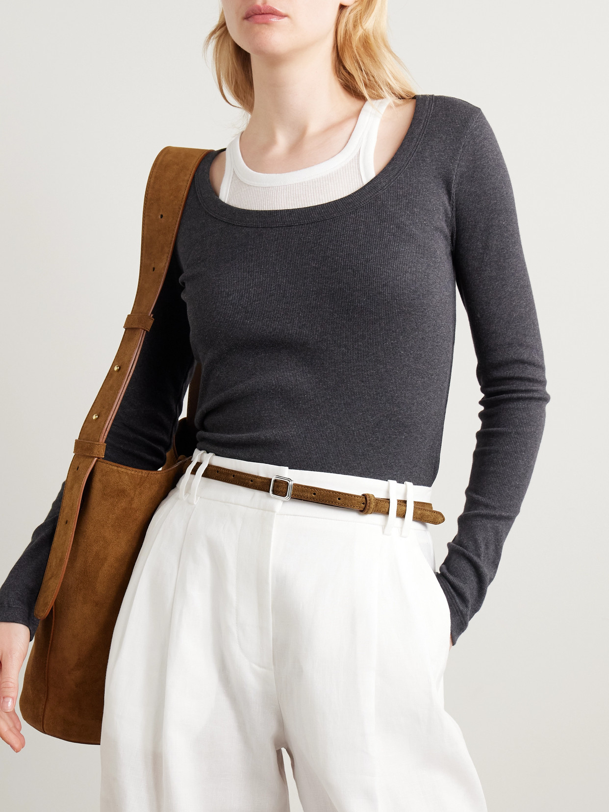 Lie Studio The Georgia Slim Suede Belt In Brown