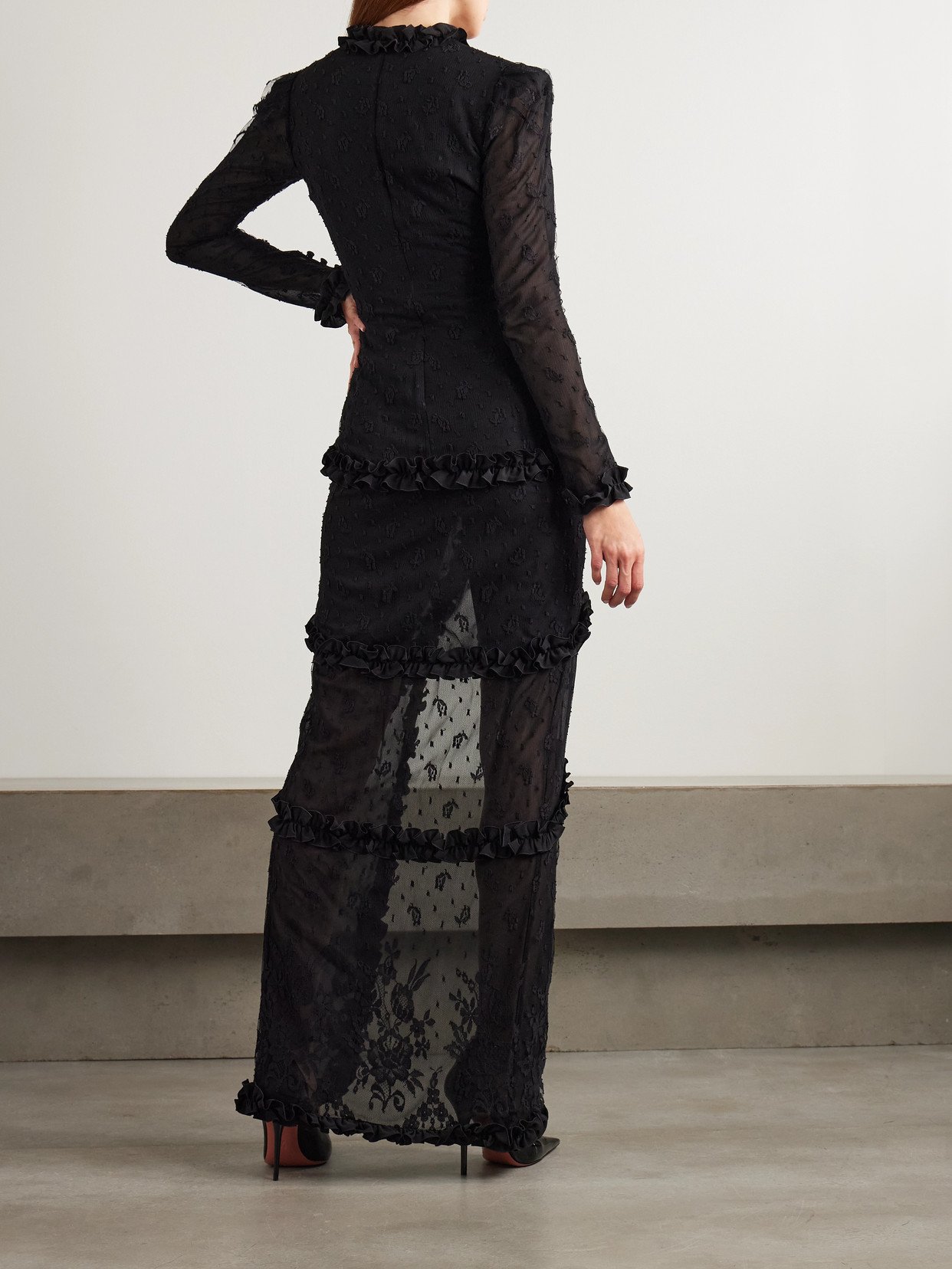 Alessandra Rich Ruffled Crepe-trimmed Embroidered Point D'esprit Gown In Black