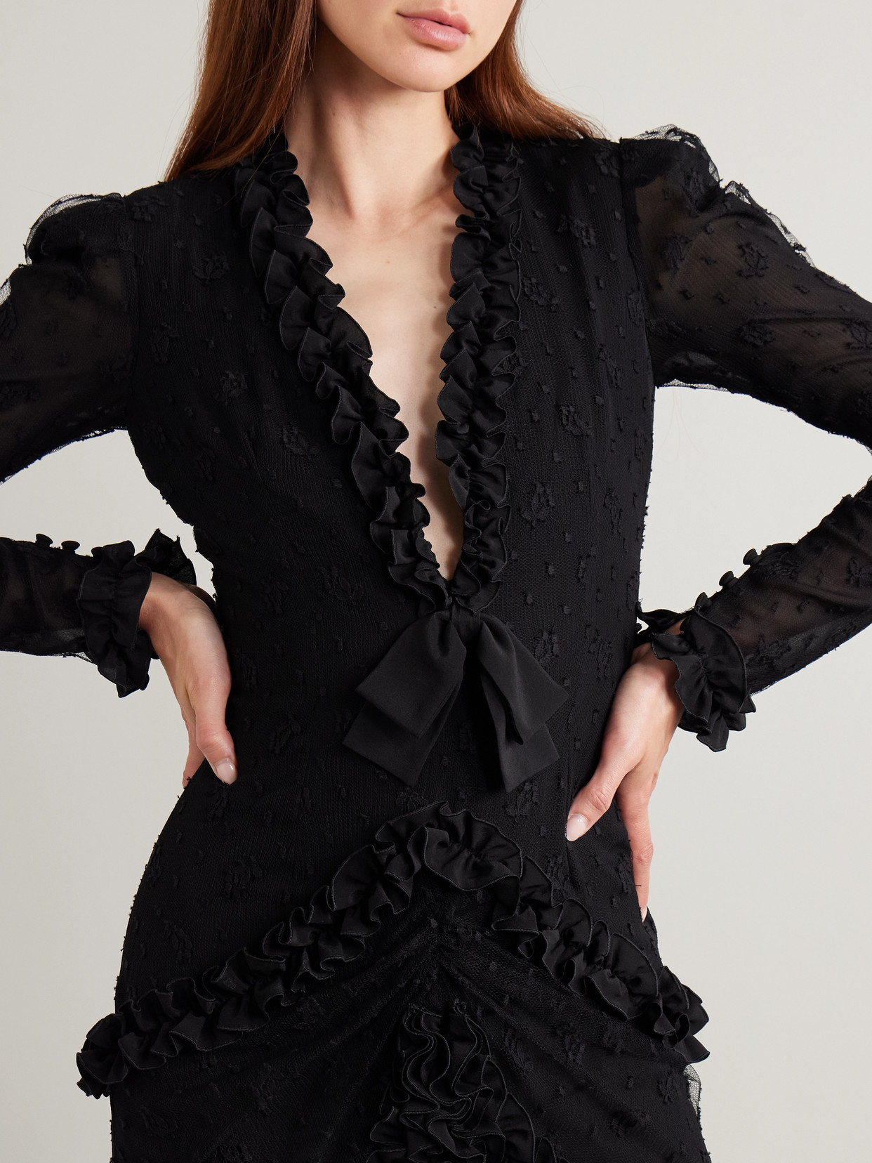 Alessandra Rich Ruffled Crepe-trimmed Embroidered Point D'esprit Gown In Black