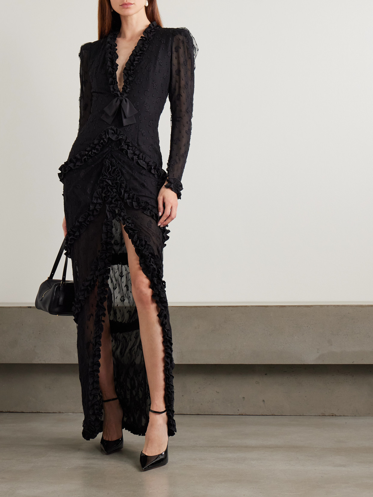 Alessandra Rich Ruffled Crepe-trimmed Embroidered Point D'esprit Gown In Black
