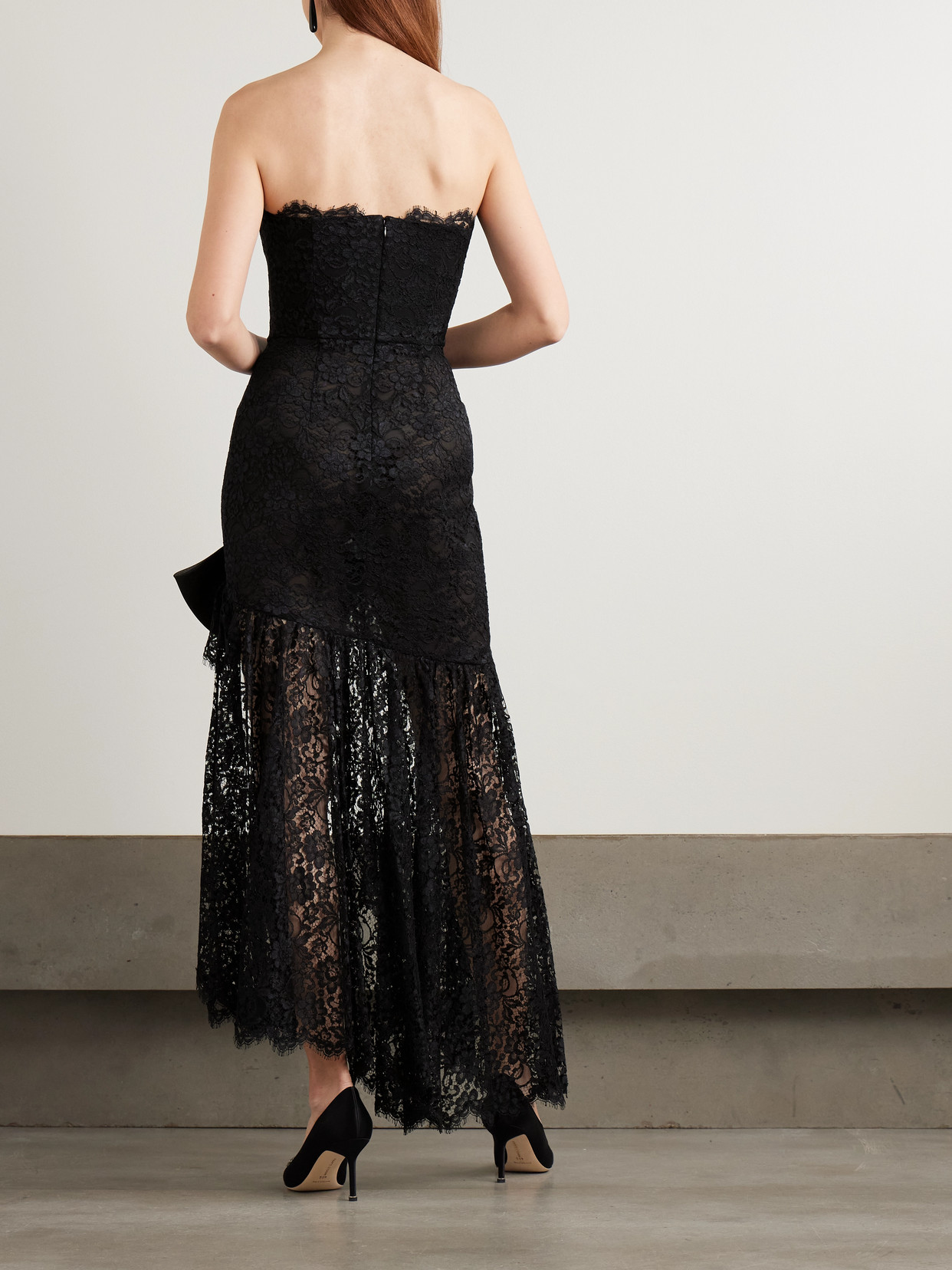 Alessandra Rich Bow-detailed Strapless Asymmetric Silk-lace Dress In Black