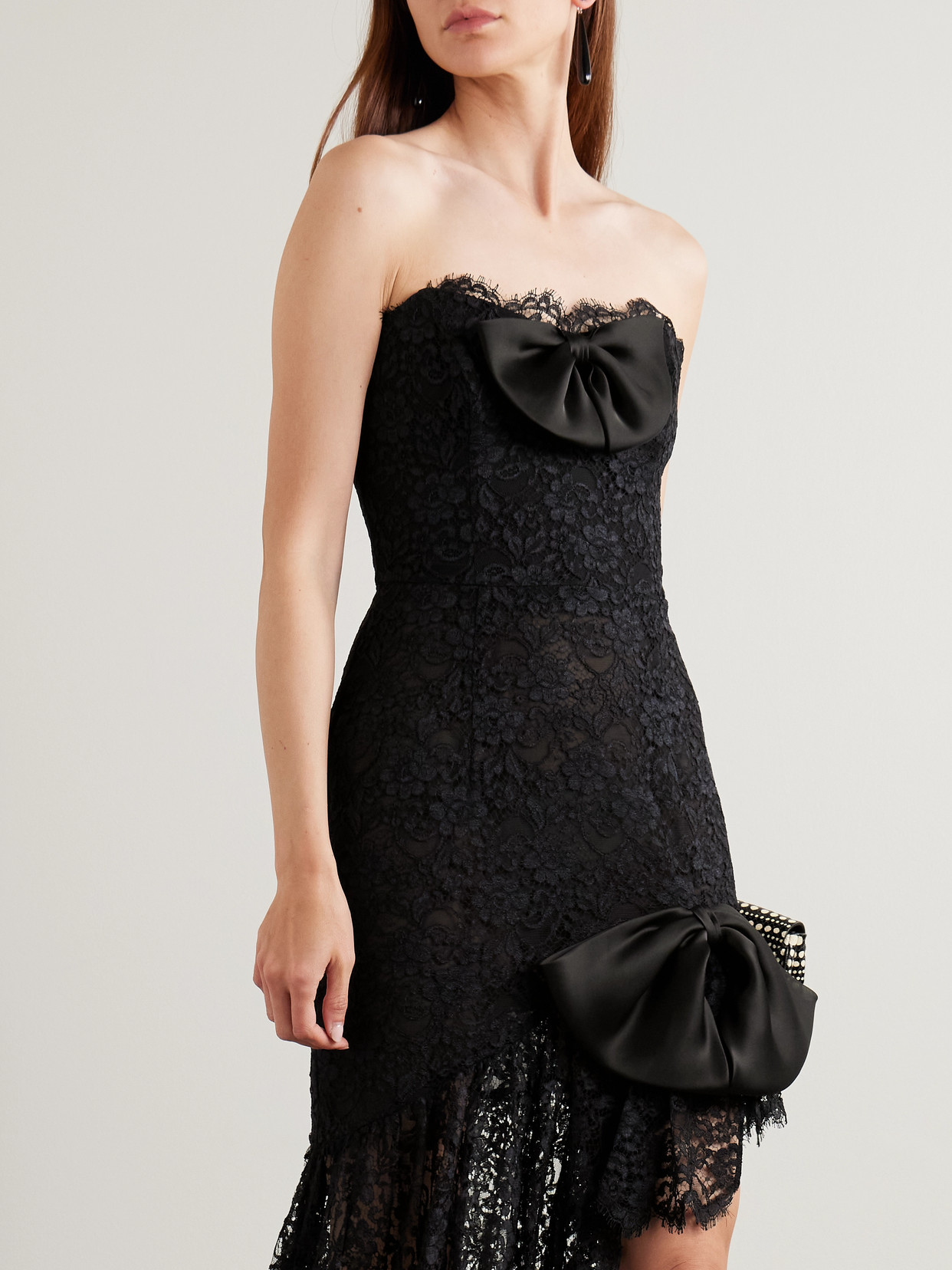 Alessandra Rich Bow-detailed Strapless Asymmetric Silk-lace Dress In Black