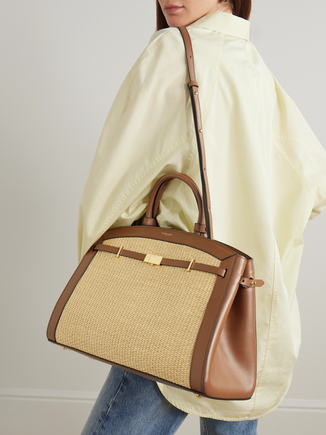 Demellier The Hudson Leather-trimmed Raffia Tote