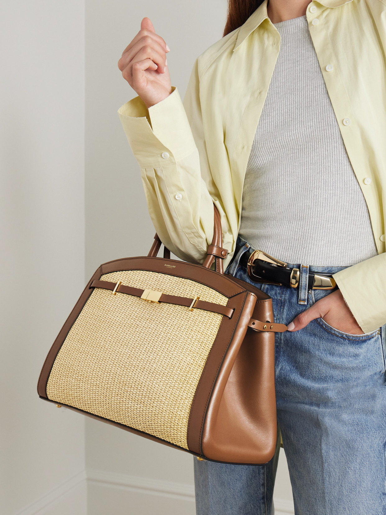 Demellier The Hudson Leather-trimmed Raffia Tote