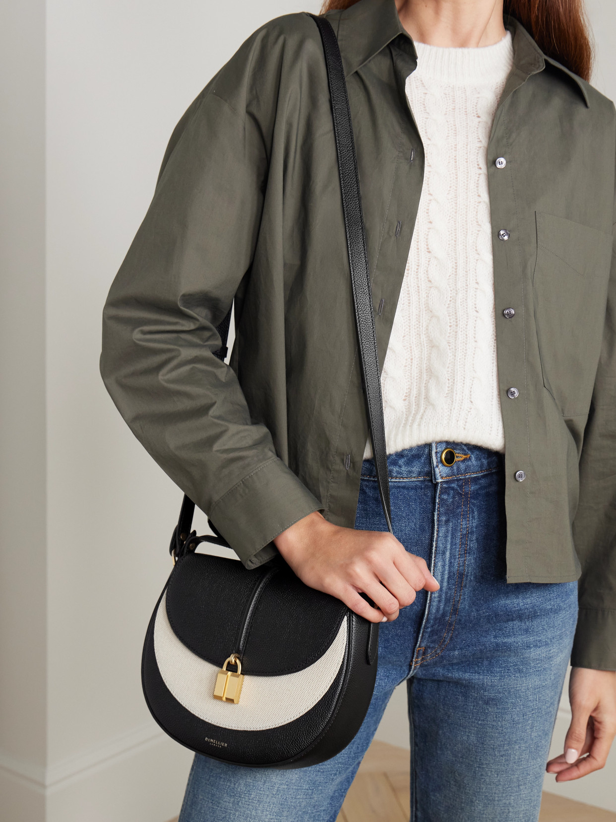 Demellier Siena Saddle Leather And Canvas Shoulder Bag