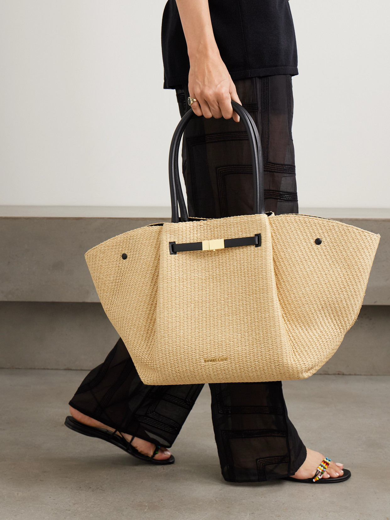 Demellier New York Leather-trimmed Raffia Tote