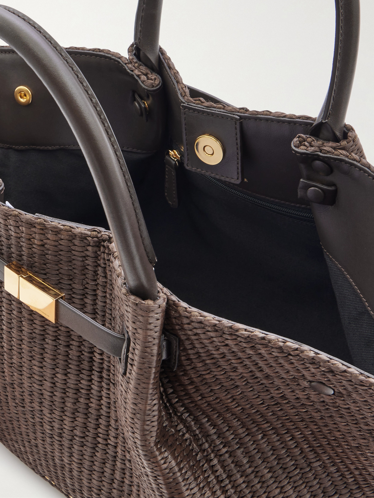 Demellier New York Midi Leather-trimmed Raffia Tote