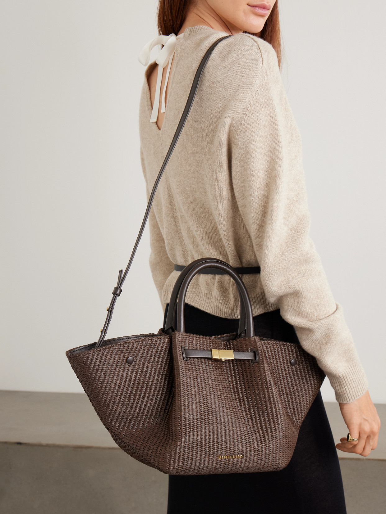 Demellier New York Midi Leather-trimmed Raffia Tote