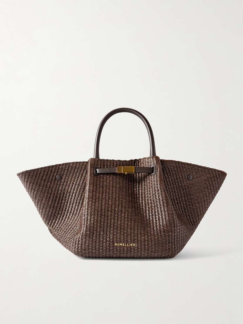 DeMellier New York Midi Leather-trimmed Raffia Tote