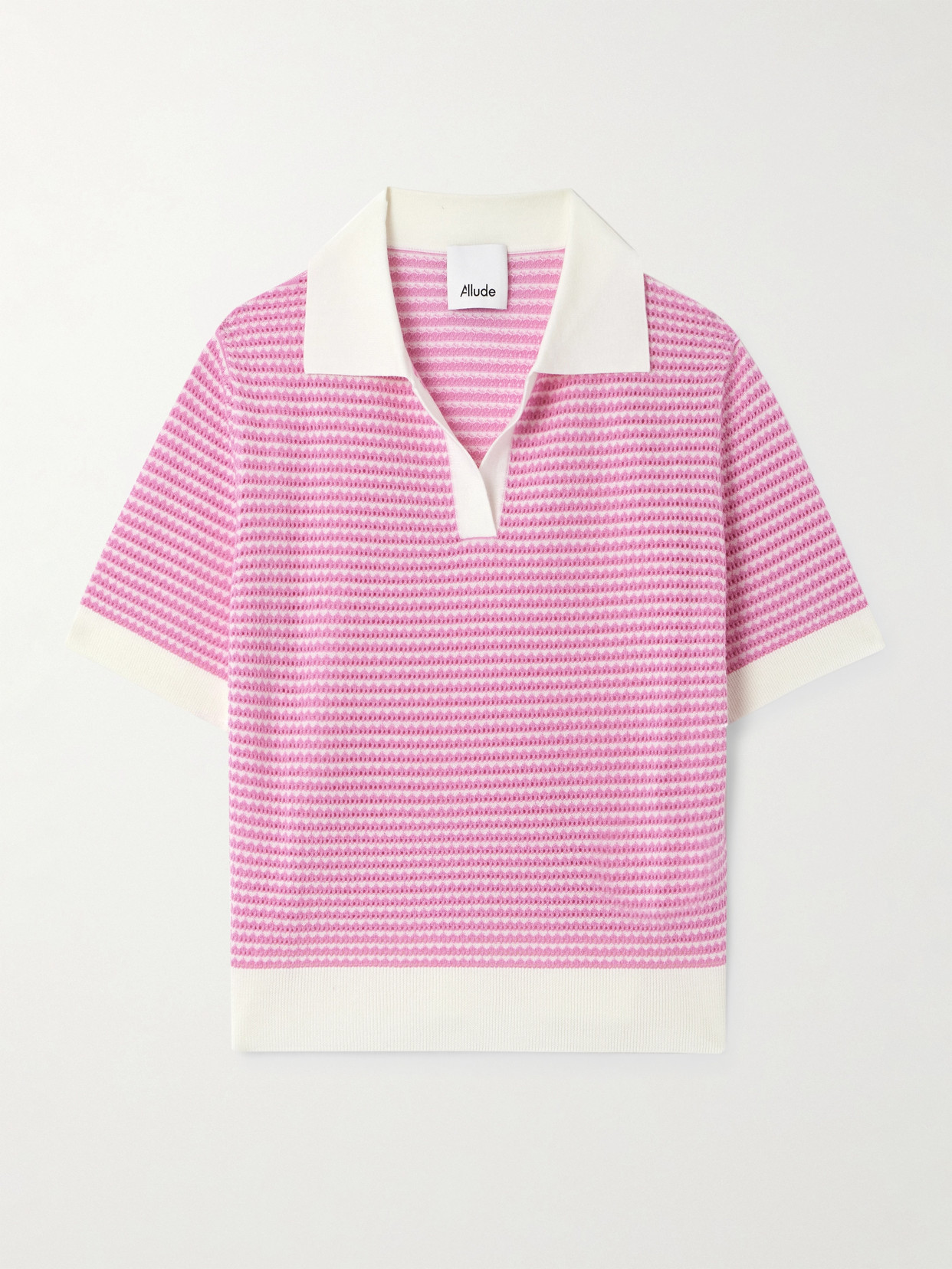 Allude Striped Pointelle-knit Wool Polo Shirt In Pink