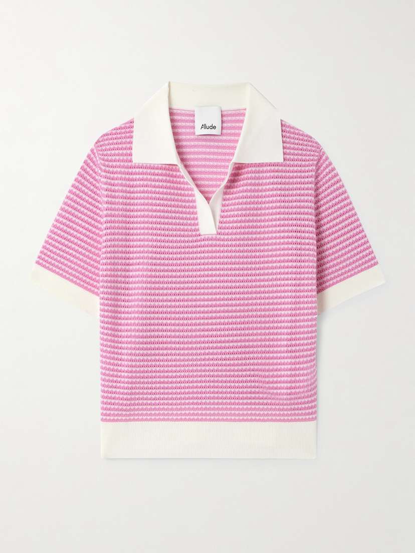 Allude Striped Pointelle-knit Wool Polo Shirt