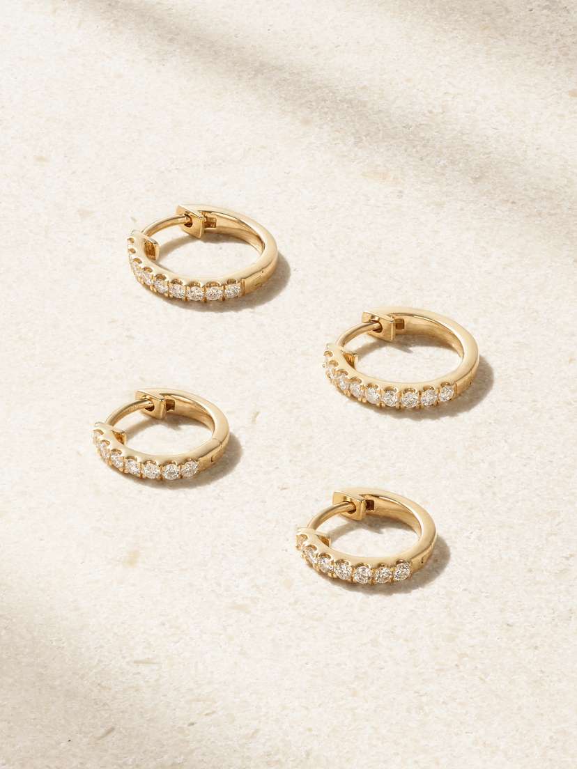STONE AND STRAND Set Of Four 14-karat Gold Diamond Single Hoop Earrings