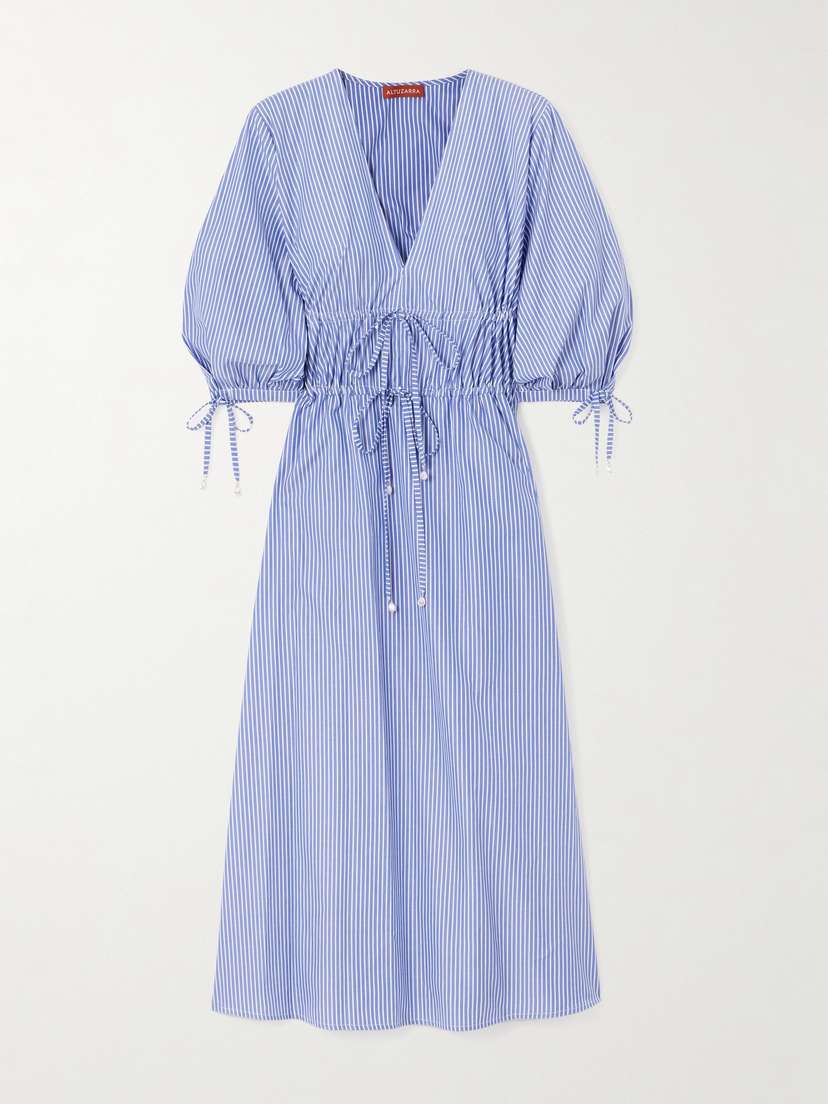 Altuzarra Donrine Faux Pearl-embellished Tie-detailed Striped Cotton Midi Dress