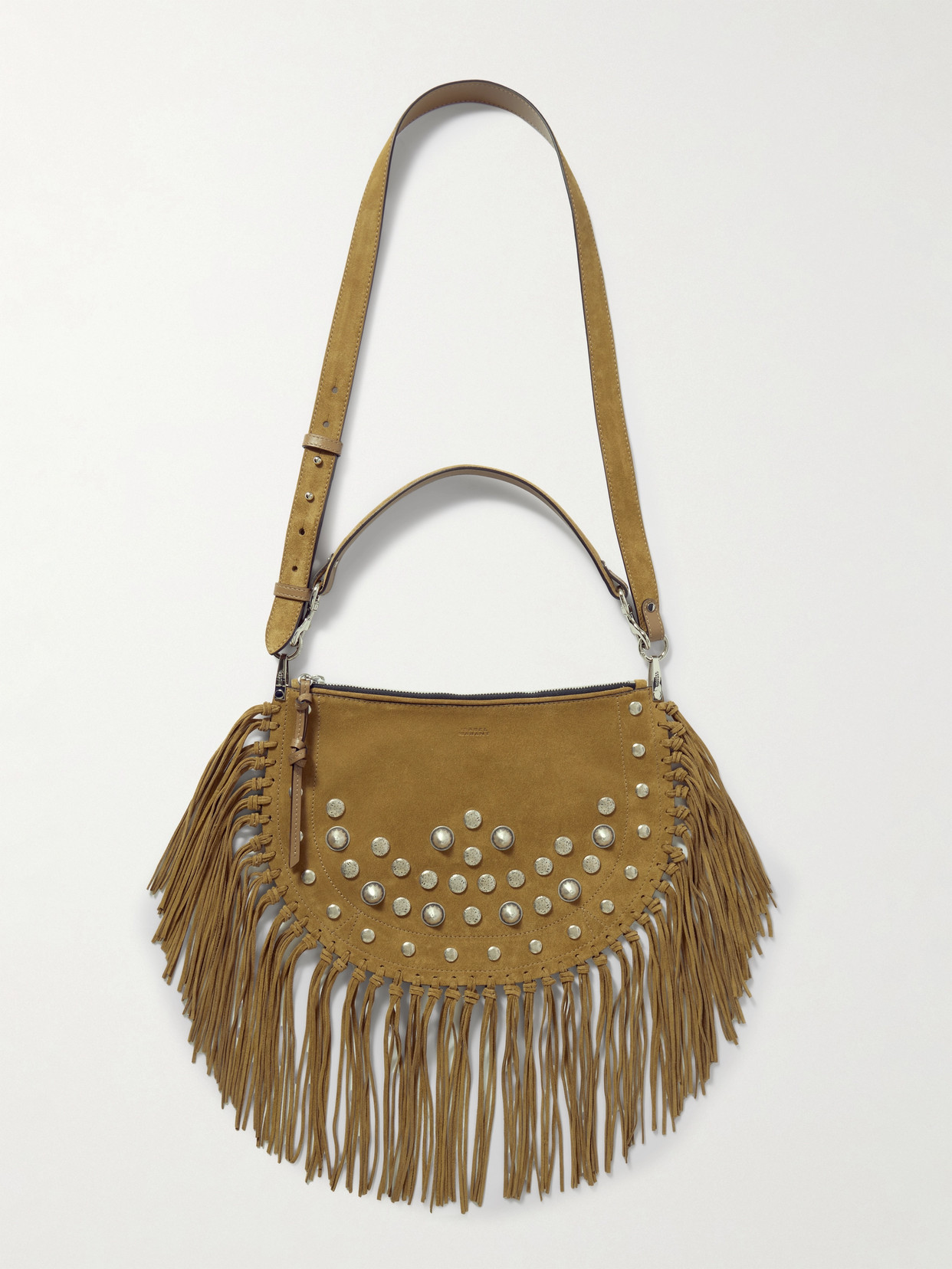 Isabel Marant Kanao Fringed Studded Suede Shoulder Bag In Brown