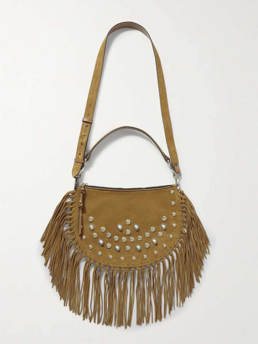 Isabel Marant Oskan Soft Zipped Fringed Studded Suede Shoulder Bag