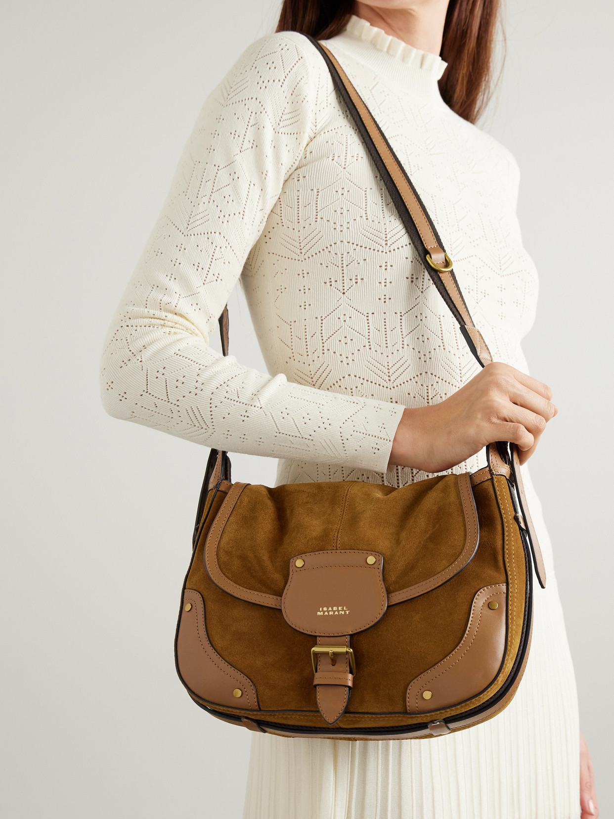 Isabel Marant Sierra Studded Leather-trimmed Suede Shoulder Bag In Brown
