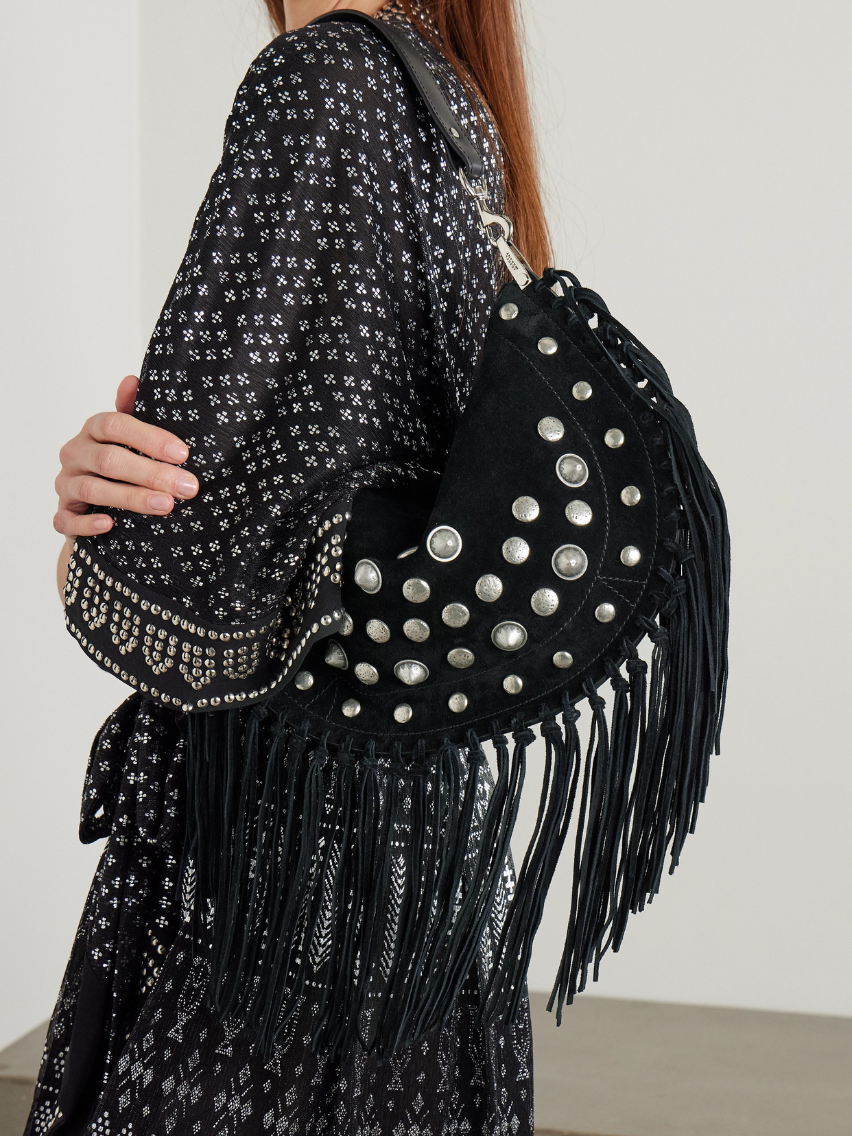 Isabel Marant Kanao Fringed Studded Suede Shoulder Bag In Black