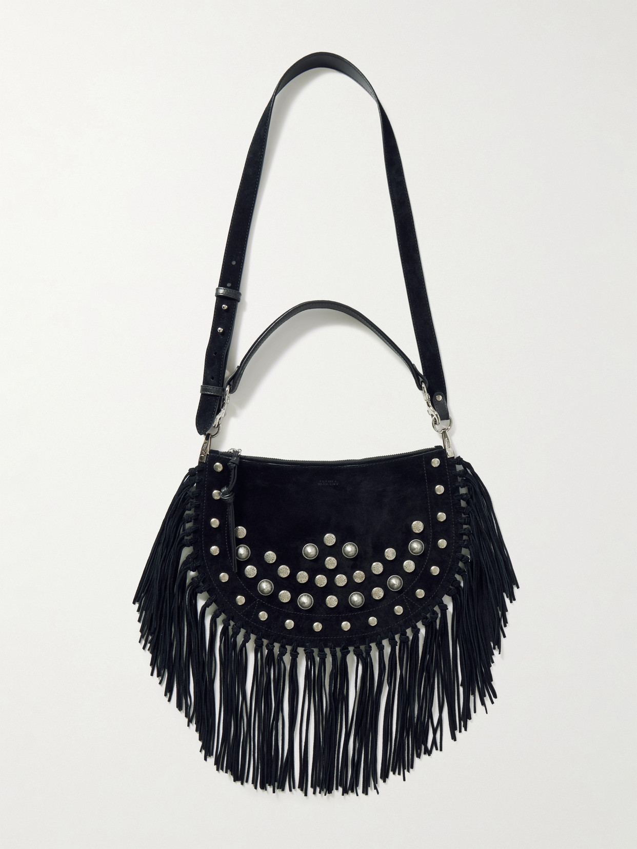 Isabel Marant Kanao Fringed Studded Suede Shoulder Bag In Black