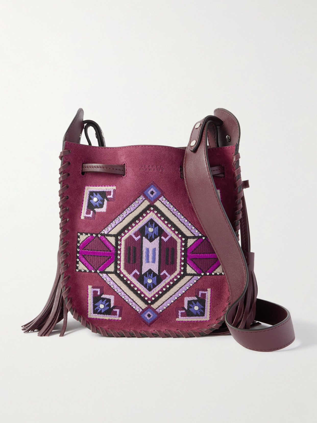 Isabel Marant Mini Silao Embroidered Suede And Leather Shoulder Bag In Pink