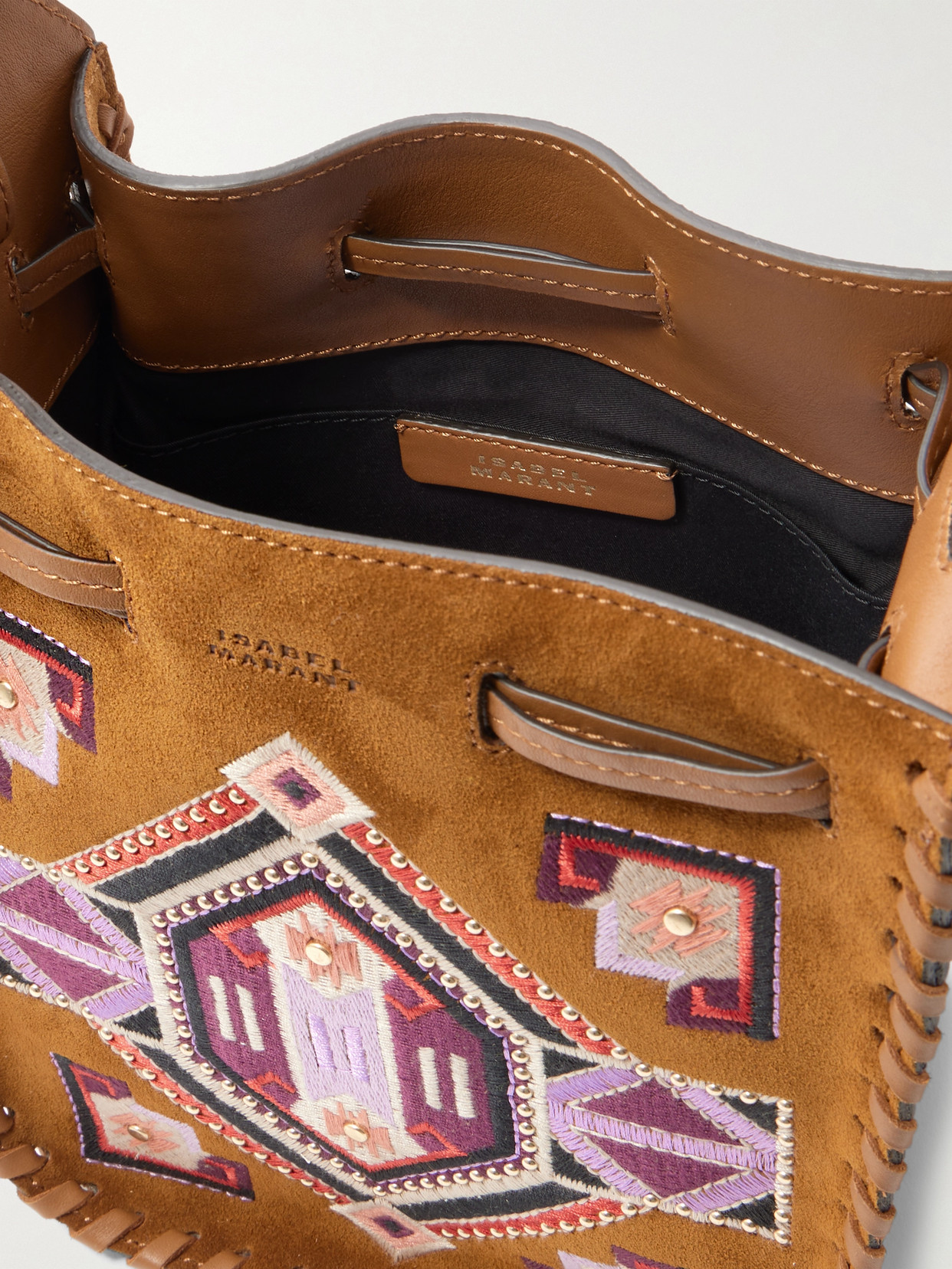ISABEL MARANT MINI SILAO EMBROIDERED SUEDE AND LEATHER SHOULDER BAG 