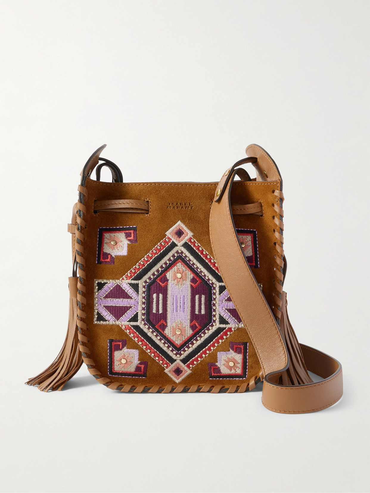 Isabel Marant Mini Silao Embroidered Suede And Leather Shoulder Bag In Brown