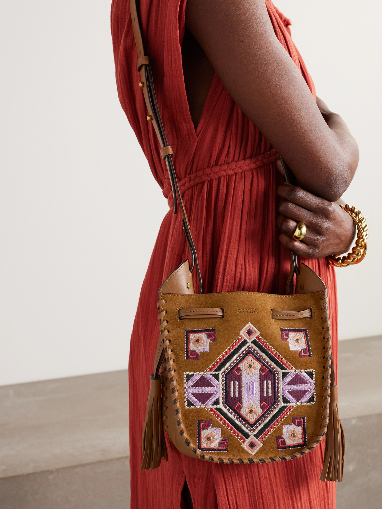 ISABEL MARANT MINI SILAO EMBROIDERED SUEDE AND LEATHER SHOULDER BAG 