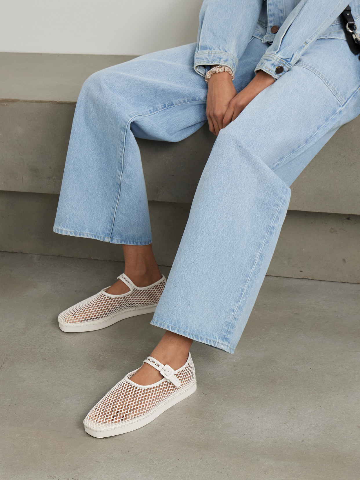 LOEFFLER RANDALL RITA LEATHER-TRIMMED MESH PLATFORM MARY JANE FLATS