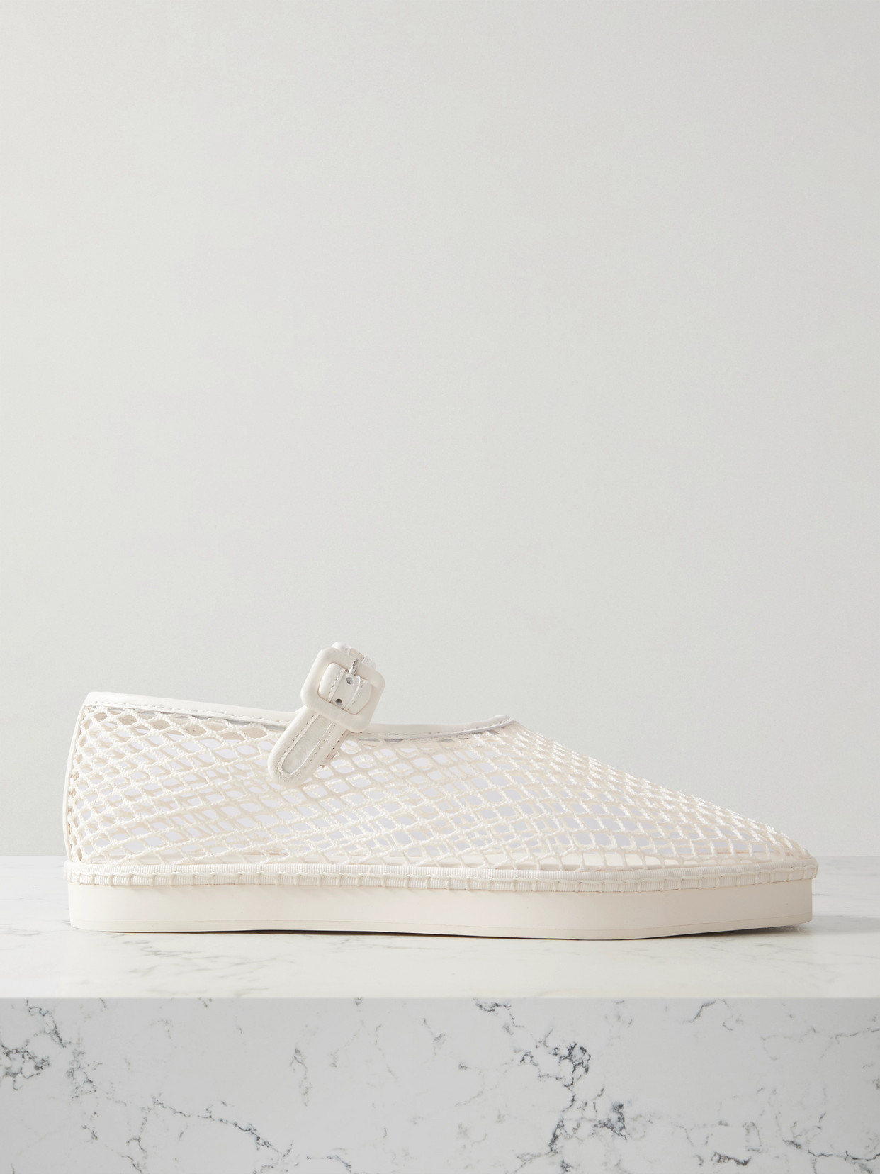 Loeffler Randall Rita Leather-trimmed Mesh Platform Mary Jane Flats In Cream