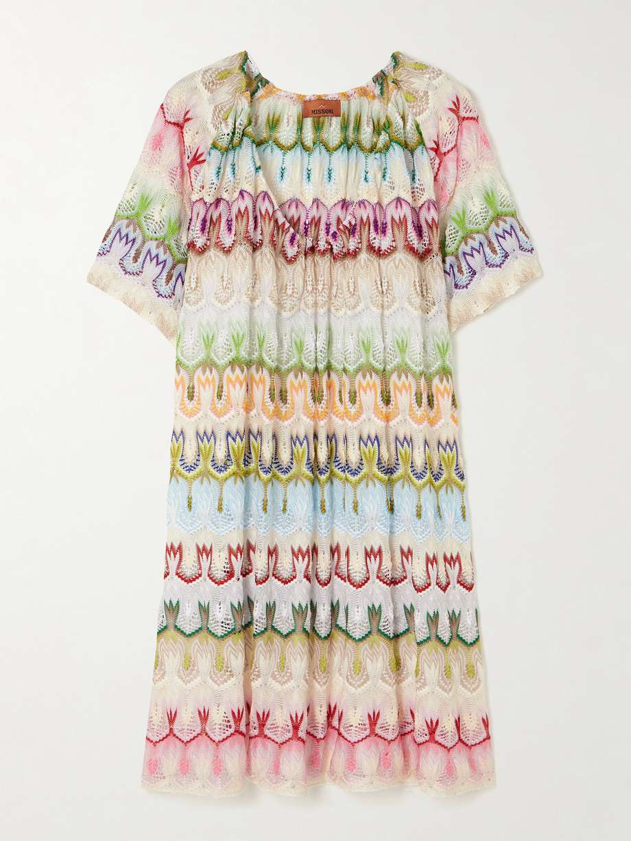 striped crochet-knit mini dress