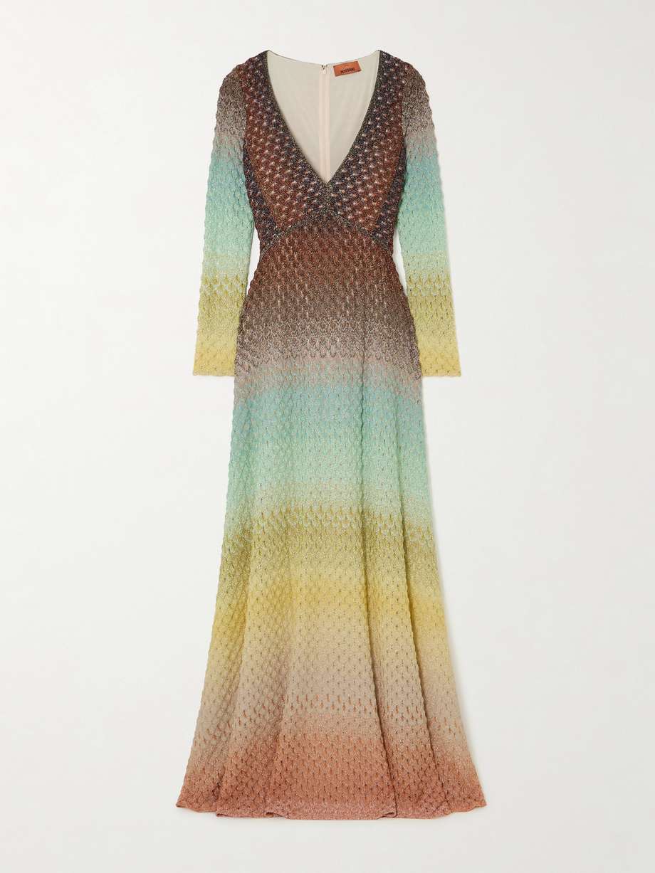 dégradé metallic crochet-knit maxi dress