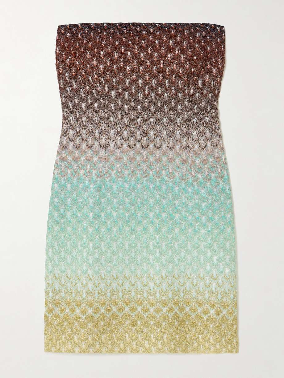 strapless metallic crochet-knit mini dress