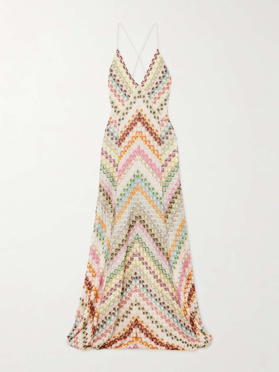 open-back cord-trimmed crochet-knit maxi dress