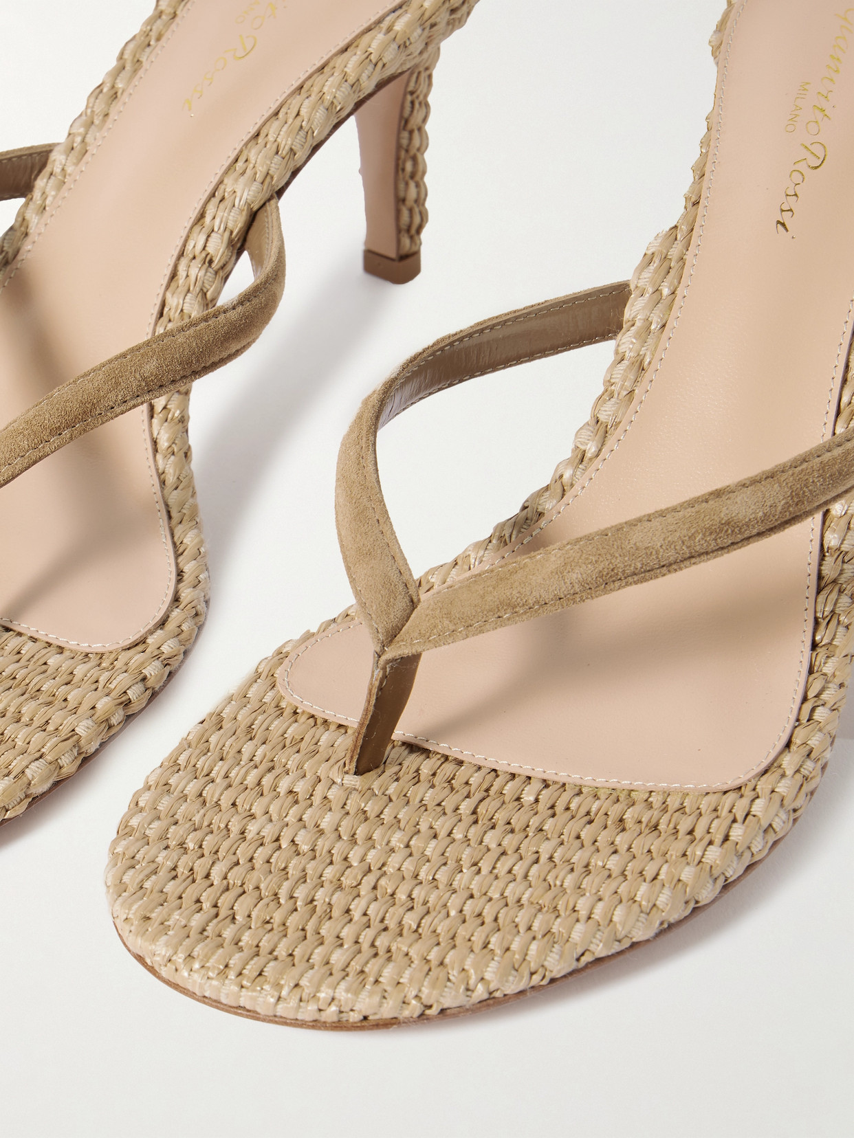 Gianvito Rossi Suede Raffia Heeled Thong Sandals In Neutral