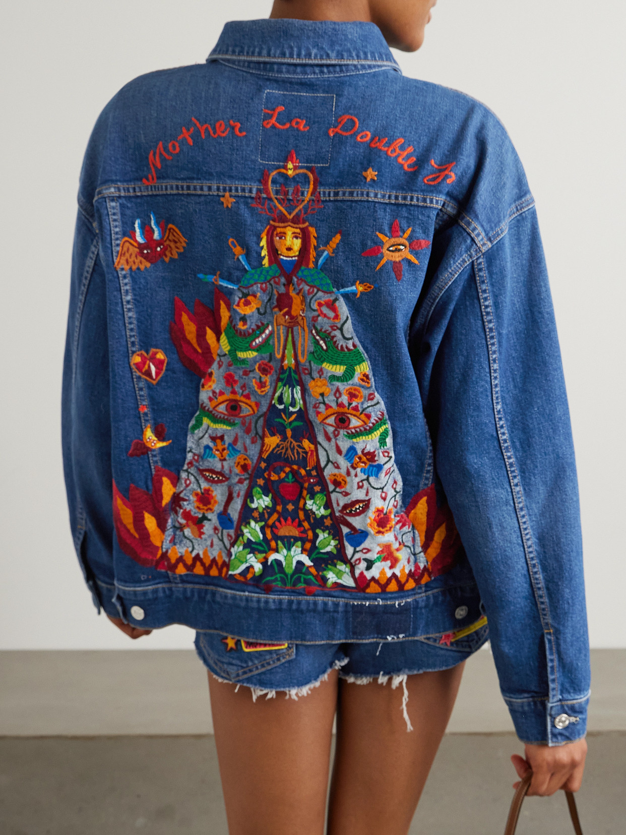MOTHER + LA DOUBLEJ THE DROP IT DRIFTER EMBROIDERED DENIM JACKET