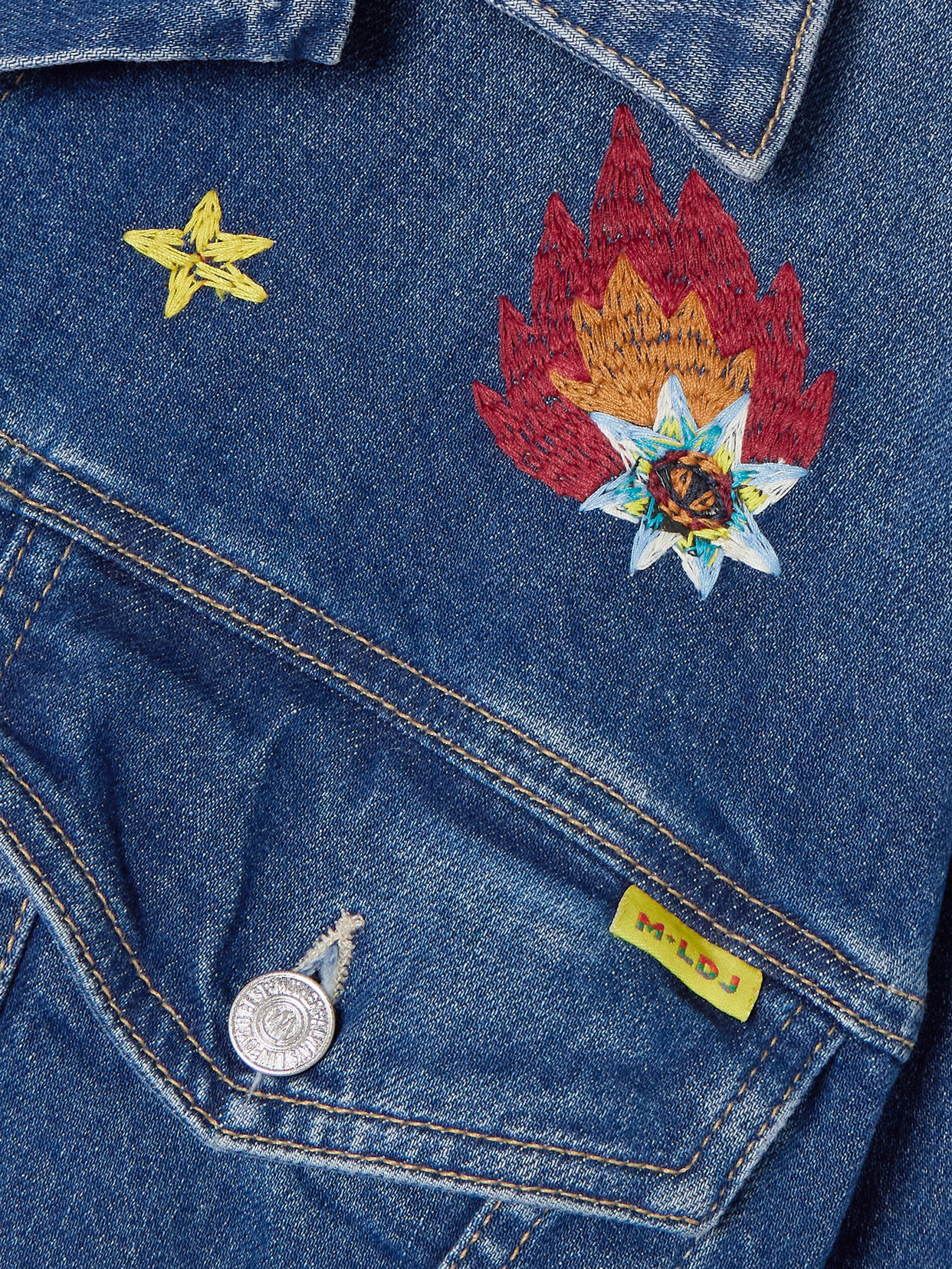 Shop Mother + La Doublej The Drop It Drifter Embroidered Denim Jacket In Blue