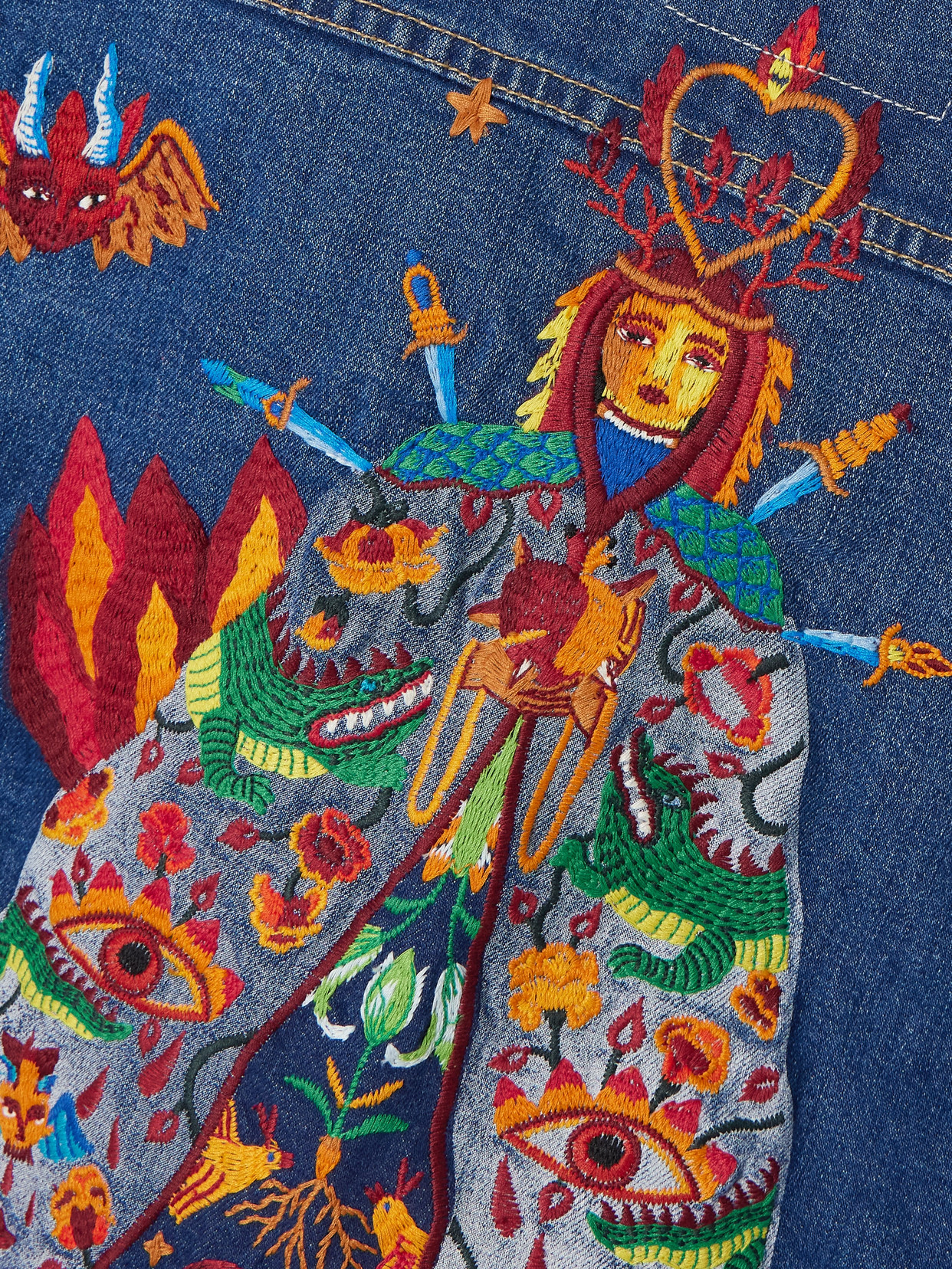 Shop Mother + La Doublej The Drop It Drifter Embroidered Denim Jacket In Blue